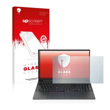 Face avant d’un emballage produit avec le logo de la marque upscreen. À côté, l’appareil Lenovo ThinkPad E15 Gen 4 est représe