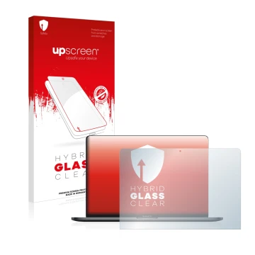 Face avant d’un emballage produit avec le logo de la marque upscreen. À côté, l’appareil Apple MacBook Pro 13