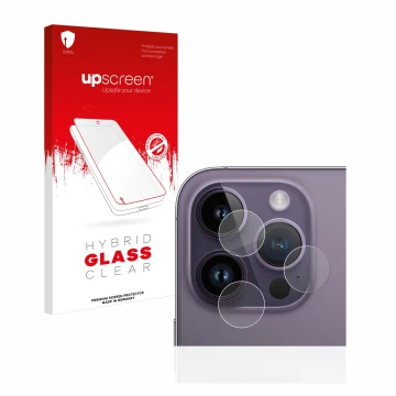 Face avant d’un emballage produit avec le logo de la marque upscreen. À côté, l’appareil Apple iPhone 14 Pro (Caméra UNIQUEMEN