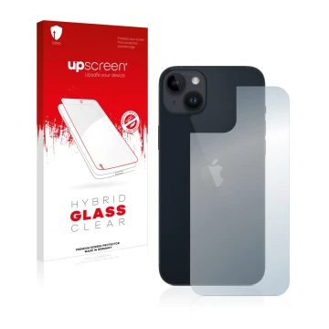 Face avant d’un emballage produit avec le logo de la marque upscreen. À côté, l’appareil Apple iPhone 14 Plus (Arrière) est re