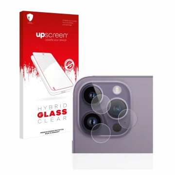 Face avant d’un emballage produit avec le logo de la marque upscreen. À côté, l’appareil Apple iPhone 14 Pro Max (Caméra UNIQU