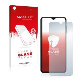 Face avant d’un emballage produit avec le logo de la marque upscreen. À côté, l’appareil Samsung Galaxy A04s est représenté av