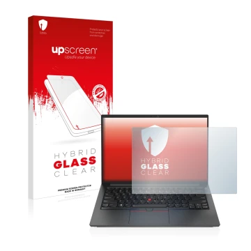 Face avant d’un emballage produit avec le logo de la marque upscreen. À côté, l’appareil Lenovo ThinkPad E14 Gen 4 est représe