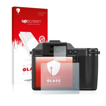Face avant d’un emballage produit avec le logo de la marque upscreen. À côté, l’appareil Fujifilm X-H2 est représenté avec la 