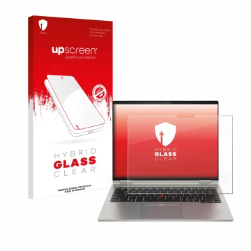 Face avant d’un emballage produit avec le logo de la marque upscreen. À côté, l’appareil Lenovo ThinkPad X1 Titanium Yoga Gen 