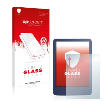 Face avant d’un emballage produit avec le logo de la marque upscreen. À côté, l’appareil Amazon Kindle Reader 2022 est représe