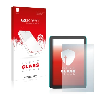 Face avant d’un emballage produit avec le logo de la marque upscreen. À côté, l’appareil Amazon Kindle Kids (2022) est représe