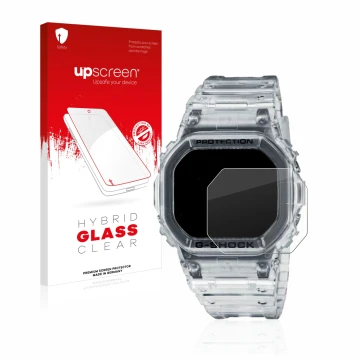 Face avant d’un emballage produit avec le logo de la marque upscreen. À côté, l’appareil Casio G-Shock DW-5600SKE-7 est représ