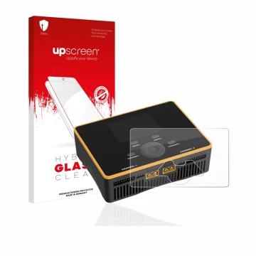 Face avant d’un emballage produit avec le logo de la marque upscreen. À côté, l’appareil Junsi iCharger DX8 Duo est représenté