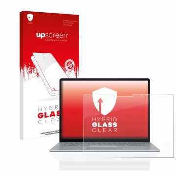 Face avant d’un emballage produit avec le logo de la marque upscreen. À côté, l’appareil Microsoft Surface Laptop 5 13.5