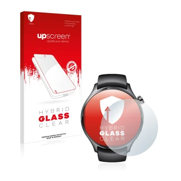 Face avant d’un emballage produit avec le logo de la marque upscreen. À côté, l’appareil Xiaomi Watch S1 Pro est représenté av