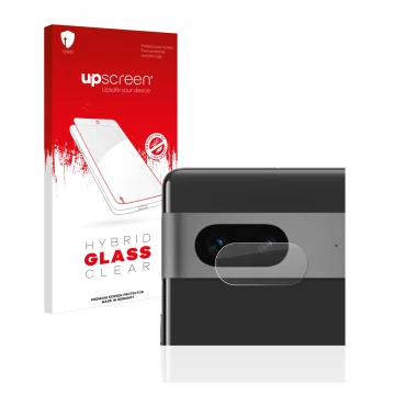 Face avant d’un emballage produit avec le logo de la marque upscreen. À côté, l’appareil Google Pixel 7 (Caméra UNIQUEMENT) es