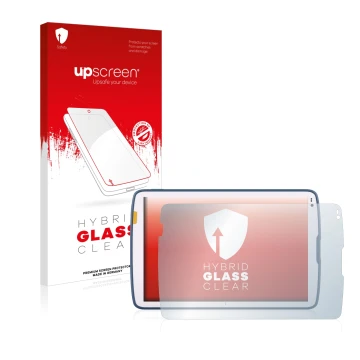Face avant d’un emballage produit avec le logo de la marque upscreen. À côté, l’appareil Zebra ET45 10.1