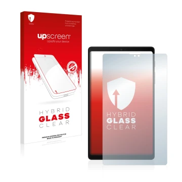 Face avant d’un emballage produit avec le logo de la marque upscreen. À côté, l’appareil Samsung Galaxy Tab A7 Lite 2022 est r