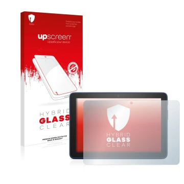 Face avant d’un emballage produit avec le logo de la marque upscreen. À côté, l’appareil Amazon Fire HD 8 Plus 2022 est représ