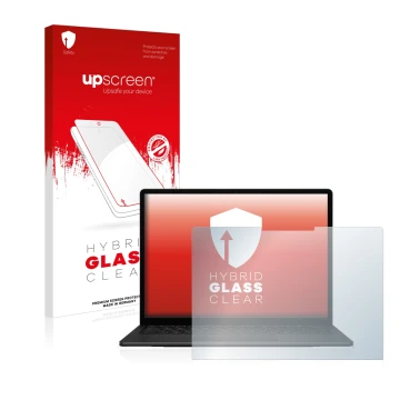 Face avant d’un emballage produit avec le logo de la marque upscreen. À côté, l’appareil Microsoft Surface Laptop 5 15