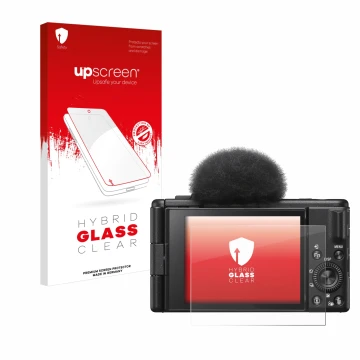 Face avant d’un emballage produit avec le logo de la marque upscreen. À côté, l’appareil Sony ZV-1F est représenté avec la pro
