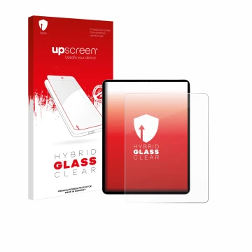 Face avant d’un emballage produit avec le logo de la marque upscreen. À côté, l’appareil Apple iPad Pro 12.9