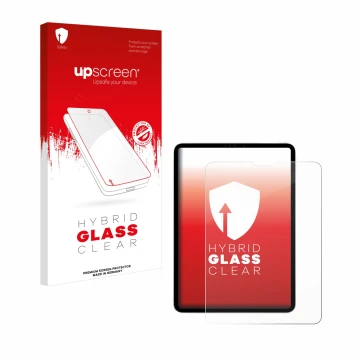 Face avant d’un emballage produit avec le logo de la marque upscreen. À côté, l’appareil Apple iPad Pro 11