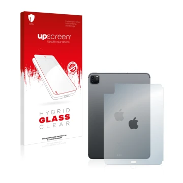 Face avant d’un emballage produit avec le logo de la marque upscreen. À côté, l’appareil Apple iPad Pro 11