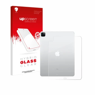 Face avant d’un emballage produit avec le logo de la marque upscreen. À côté, l’appareil Apple iPad Pro 12.9