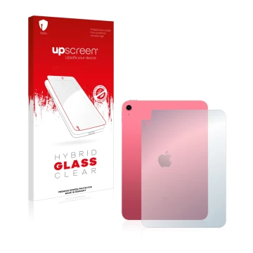Face avant d’un emballage produit avec le logo de la marque upscreen. À côté, l’appareil Apple iPad 10.9