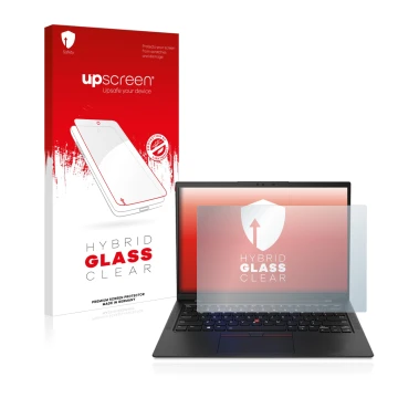 Face avant d’un emballage produit avec le logo de la marque upscreen. À côté, l’appareil Lenovo ThinkPad X1 Carbon Touch 14