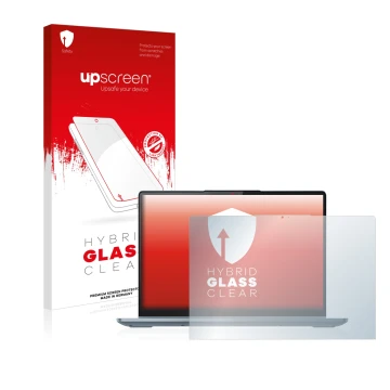 Face avant d’un emballage produit avec le logo de la marque upscreen. À côté, l’appareil Lenovo IdeaPad Flex 5 14