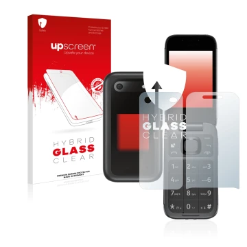 Face avant d’un emballage produit avec le logo de la marque upscreen. À côté, l’appareil Nokia 2660 Flip (Avant+Arrière) est r