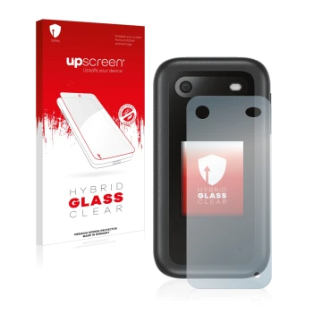 Face avant d’un emballage produit avec le logo de la marque upscreen. À côté, l’appareil Nokia 2660 Flip (Arrière) est représe