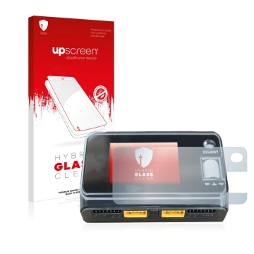 Face avant d’un emballage produit avec le logo de la marque upscreen. À côté, l’appareil ToolkitRC M6D Dual Charger est représ