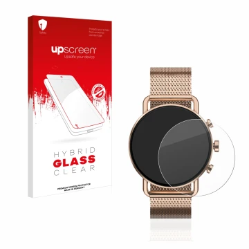 Face avant d’un emballage produit avec le logo de la marque upscreen. À côté, l’appareil Skagen Falster Gen 6 (41 mm) est repr