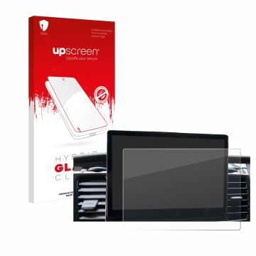 Face avant d’un emballage produit avec le logo de la marque upscreen. À côté, l’appareil Ford Transit SYNC 4 est représenté av