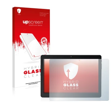 Face avant d’un emballage produit avec le logo de la marque upscreen. À côté, l’appareil Acepad A145 10.1