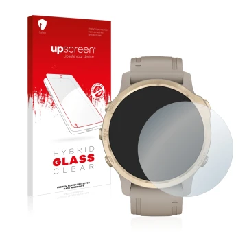 Face avant d’un emballage produit avec le logo de la marque upscreen. À côté, l’appareil Garmin Fenix 6S Pro Solar est représe