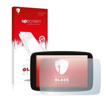 Face avant d’un emballage produit avec le logo de la marque upscreen. À côté, l’appareil TomTom GO Exclusive est représenté av