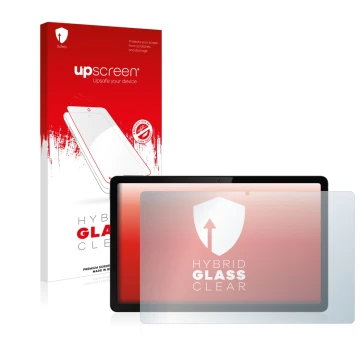Face avant d’un emballage produit avec le logo de la marque upscreen. À côté, l’appareil realme Pad 10.4