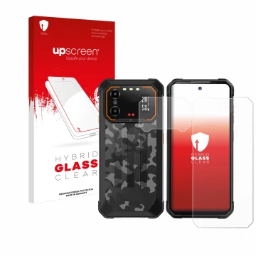 Face avant d’un emballage produit avec le logo de la marque upscreen. À côté, l’appareil iiiF150 B1 Pro (Avant+Caméra) est rep