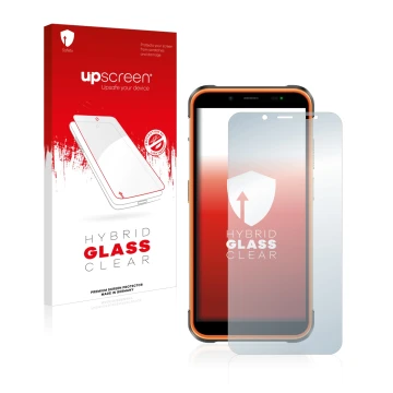 Face avant d’un emballage produit avec le logo de la marque upscreen. À côté, l’appareil Ulefone Power Armor 16 Pro est représ