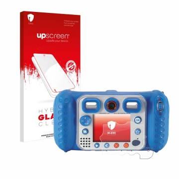 Face avant d’un emballage produit avec le logo de la marque upscreen. À côté, l’appareil Vtech Kidizoom Duo Pro est représenté