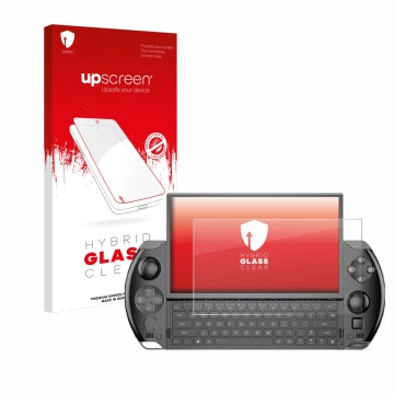 Face avant d’un emballage produit avec le logo de la marque upscreen. À côté, l’appareil GPD Win 4 est représenté avec la prot