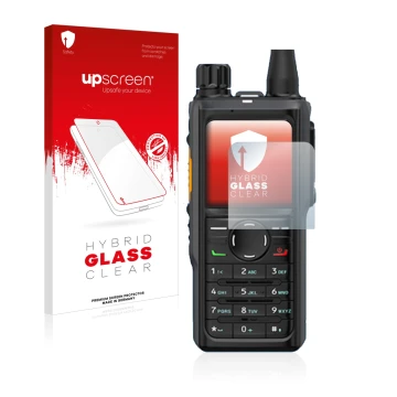 Face avant d’un emballage produit avec le logo de la marque upscreen. À côté, l’appareil Hytera HP 685 est représenté avec la 