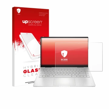 Face avant d’un emballage produit avec le logo de la marque upscreen. À côté, l’appareil HP Pavilion x360 2-in-1 (14-ekX) est 