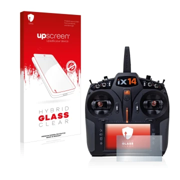Face avant d’un emballage produit avec le logo de la marque upscreen. À côté, l’appareil Spektrum iX14 est représenté avec la 