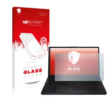 Face avant d’un emballage produit avec le logo de la marque upscreen. À côté, l’appareil Fujitsu Lifebook E5512 est représenté
