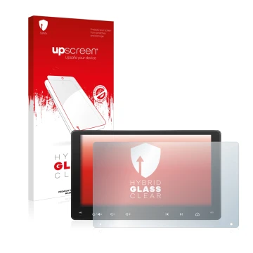 Face avant d’un emballage produit avec le logo de la marque upscreen. À côté, l’appareil Atoto A6 PF 9 Zoll est représenté ave