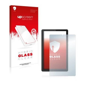 Face avant d’un emballage produit avec le logo de la marque upscreen. À côté, l’appareil Lenovo Tab M9 est représenté avec la 