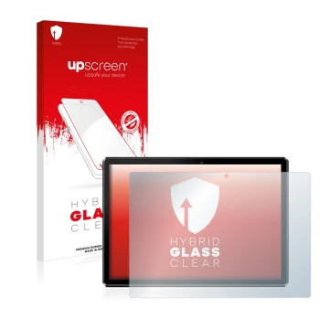Face avant d’un emballage produit avec le logo de la marque upscreen. À côté, l’appareil Pritom M10 10.1
