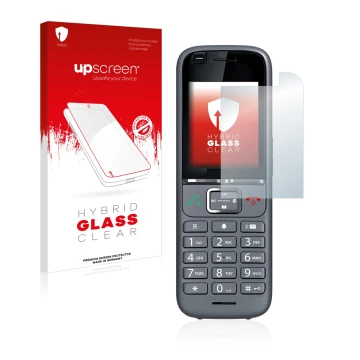 Face avant d’un emballage produit avec le logo de la marque upscreen. À côté, l’appareil Gigaset S700H PRO est représenté avec