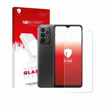 Face avant d’un emballage produit avec le logo de la marque upscreen. À côté, l’appareil Samsung Galaxy A23 5G (Avant+Caméra) 